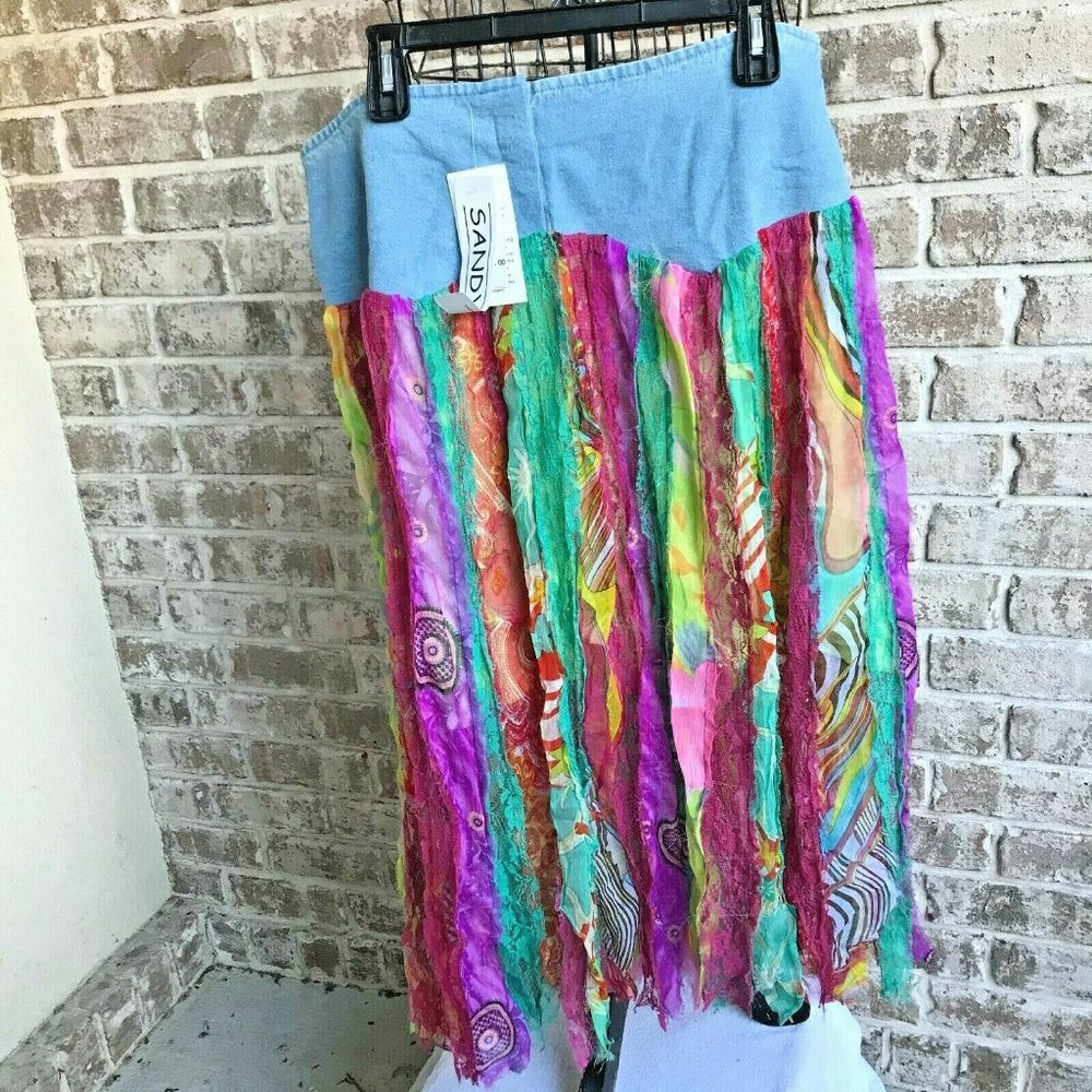 Sandy Brand Skirt  XL NWT Artsy Festive Front Button  Elastic Stretch ba…